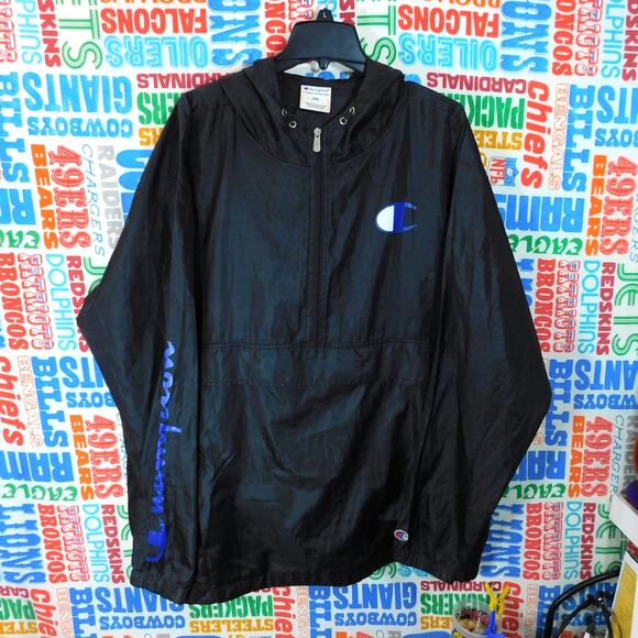 Champion Pullover Jacket Size 2XL Half Zip Repaired Black Blue - Picture 1 of 6